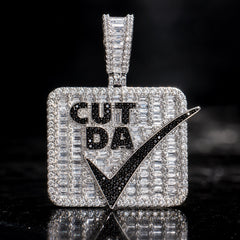 Cut Da Check Pendant Necklace, Iced Out Hip Hop Jewelry, CZ Baguette Diamond Pendant, Money Check Charm, Rap Streetwear Rope Chain Gift