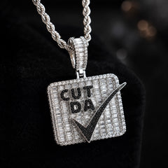 Cut Da Check Pendant Necklace, Iced Out Hip Hop Jewelry, CZ Baguette Diamond Pendant, Money Check Charm, Rap Streetwear Rope Chain Gift