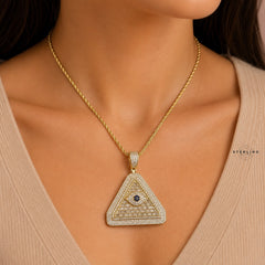 Evil Eye Pyramid Pendant Necklace | Iced Out CZ Triangle Pendant | 14K Gold Plated Hip Hop Jewelry | Protection Jewelry Gift