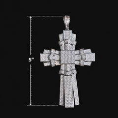 XL 5 Inch Iced Out Cross Pendant | 14K White Gold Finish Silver Tone CZ Hip Hop Religious Necklace | Big Men's Cross Charm w/ Free Chain