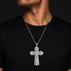 XL 5 Inch Iced Out Cross Pendant | 14K White Gold Finish Silver Tone CZ Hip Hop Religious Necklace | Big Men's Cross Charm w/ Free Chain