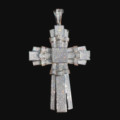 XL 5 Inch Iced Out Cross Pendant | 14K White Gold Finish Silver Tone CZ Hip Hop Religious Necklace | Big Men's Cross Charm w/ Free Chain
