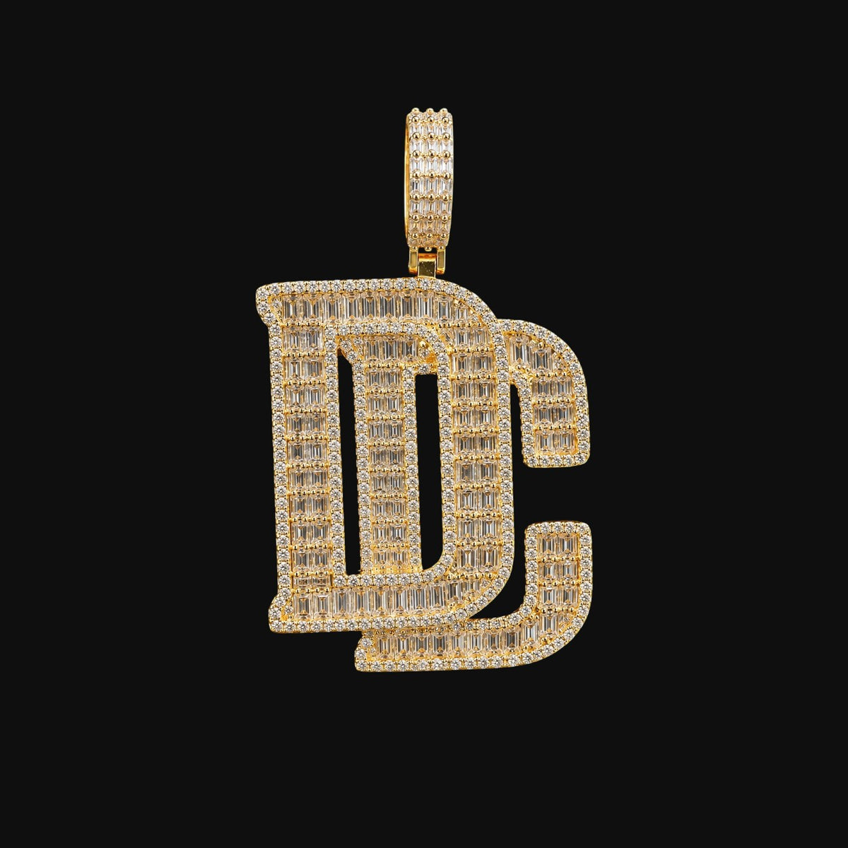 14K Gold Plated Iced Out DC Pendant | Baguette CZ Hip Hop Letter Necklace | Large Initial Charm with Free Rope Chain Dream Chaser Streetwear