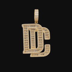 14K Gold Plated Iced Out DC Pendant | Baguette CZ Hip Hop Letter Necklace | Large Initial Charm with Free Rope Chain Dream Chaser Streetwear