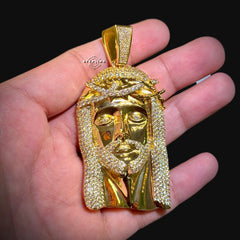 Gold Iced Out Jesus Pendant, Triple Layer 14K Gold Plated CZ Diamond Jesus Necklace for Men