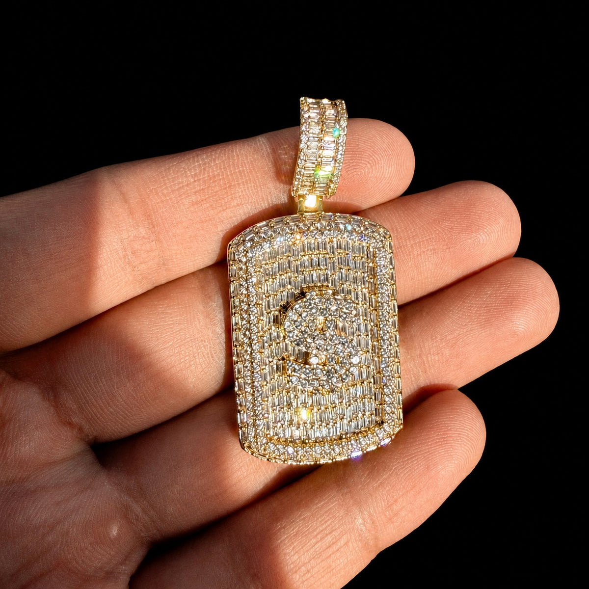 Iced Out Gold Tone Dollar Sign Dog Tag Pendant