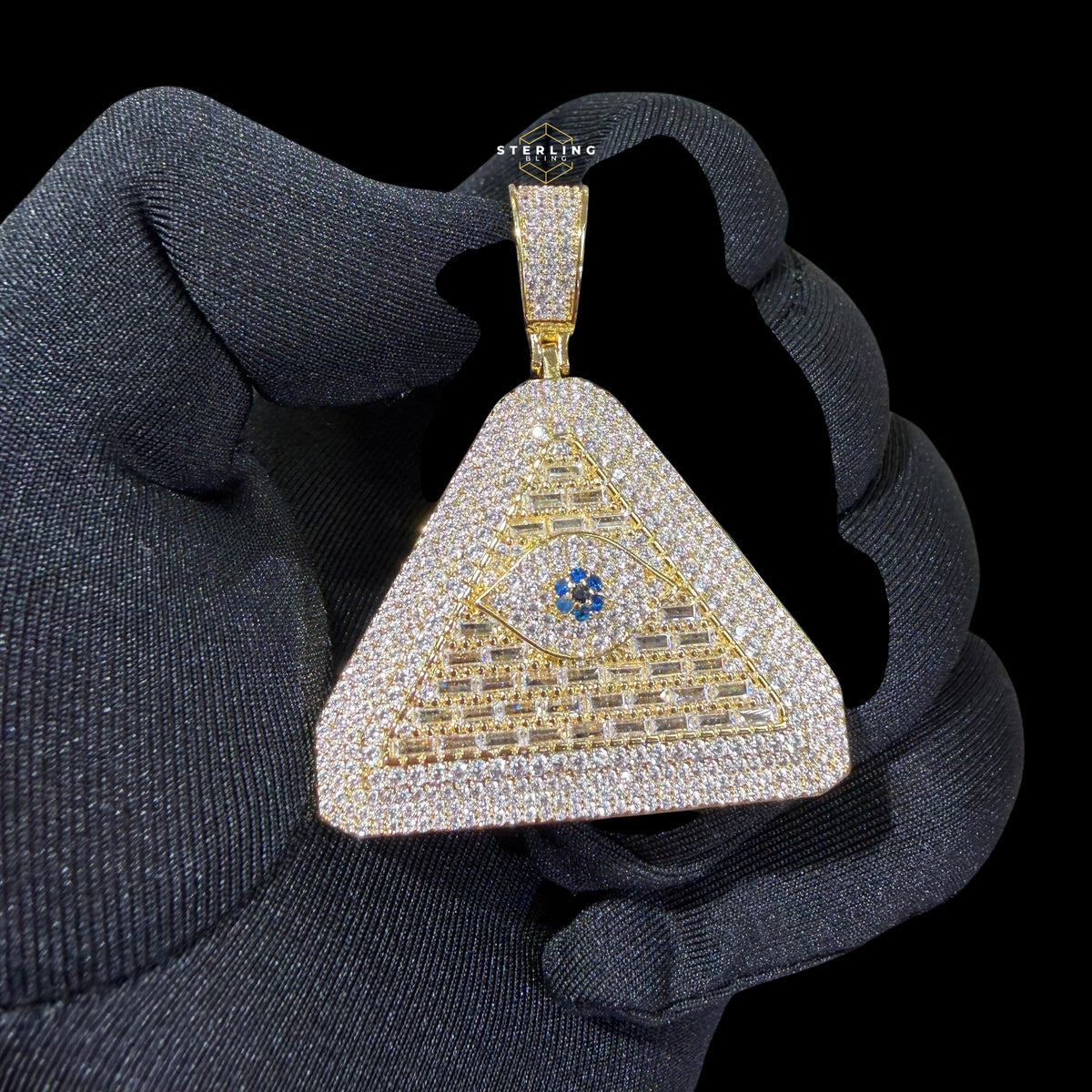 Evil Eye Pyramid Pendant Necklace | Iced Out CZ Triangle Pendant | 14K Gold Plated Hip Hop Jewelry | Protection Jewelry Gift