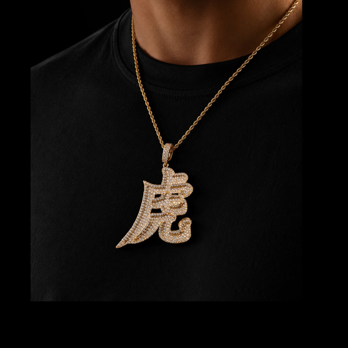 Chinese Tiger Zodiac Iced Pendant + Steel Rope Chain