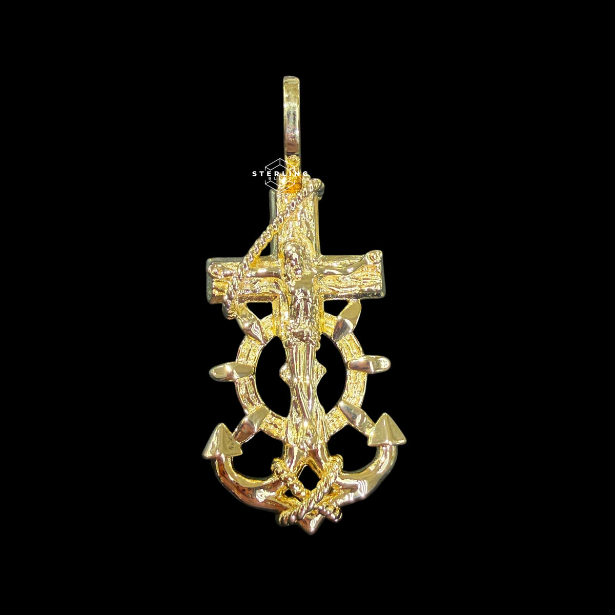 14K Gold Plated Anchor Jesus Cross Pendant, Mens Religious Nautical Necklace, Gold Crucifix Anchor Pendant, Christian Hip Hop Jewelry