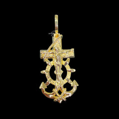 14K Gold Plated Anchor Jesus Cross Pendant, Mens Religious Nautical Necklace, Gold Crucifix Anchor Pendant, Christian Hip Hop Jewelry
