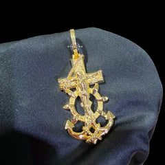 14K Gold Plated Anchor Jesus Cross Pendant, Mens Religious Nautical Necklace, Gold Crucifix Anchor Pendant, Christian Hip Hop Jewelry