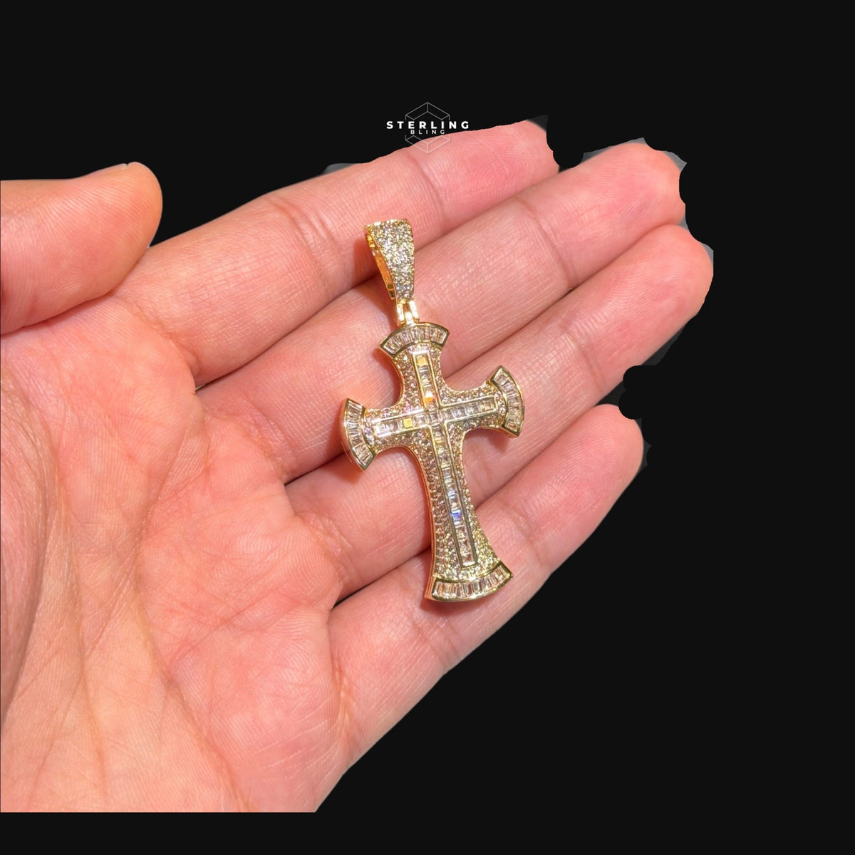 Gold Baguette Iced Cross Pendant -14k Gold Plated CZ