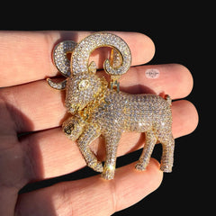Gold Iced Out Goat Pendant, 14K Gold Plated CZ Diamond Ram Necklace, Big Horn Animal Pendant, Hip Hop Jewelry for Men