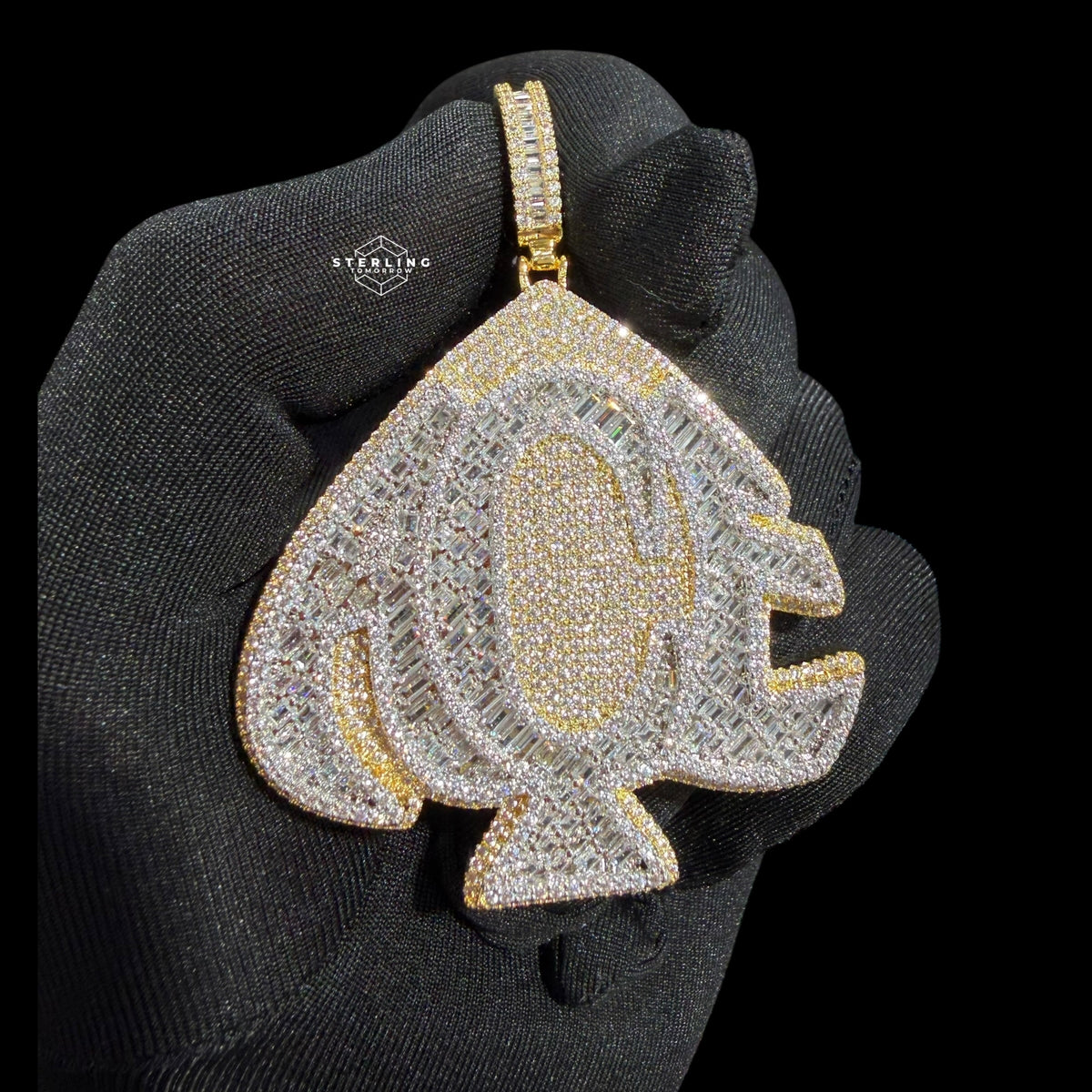 Gold Iced Out Spade Pendant, 14K Gold Plated Baguette CZ Diamond Playing Card Charm, Mens Hip Hop Jewelry Necklace