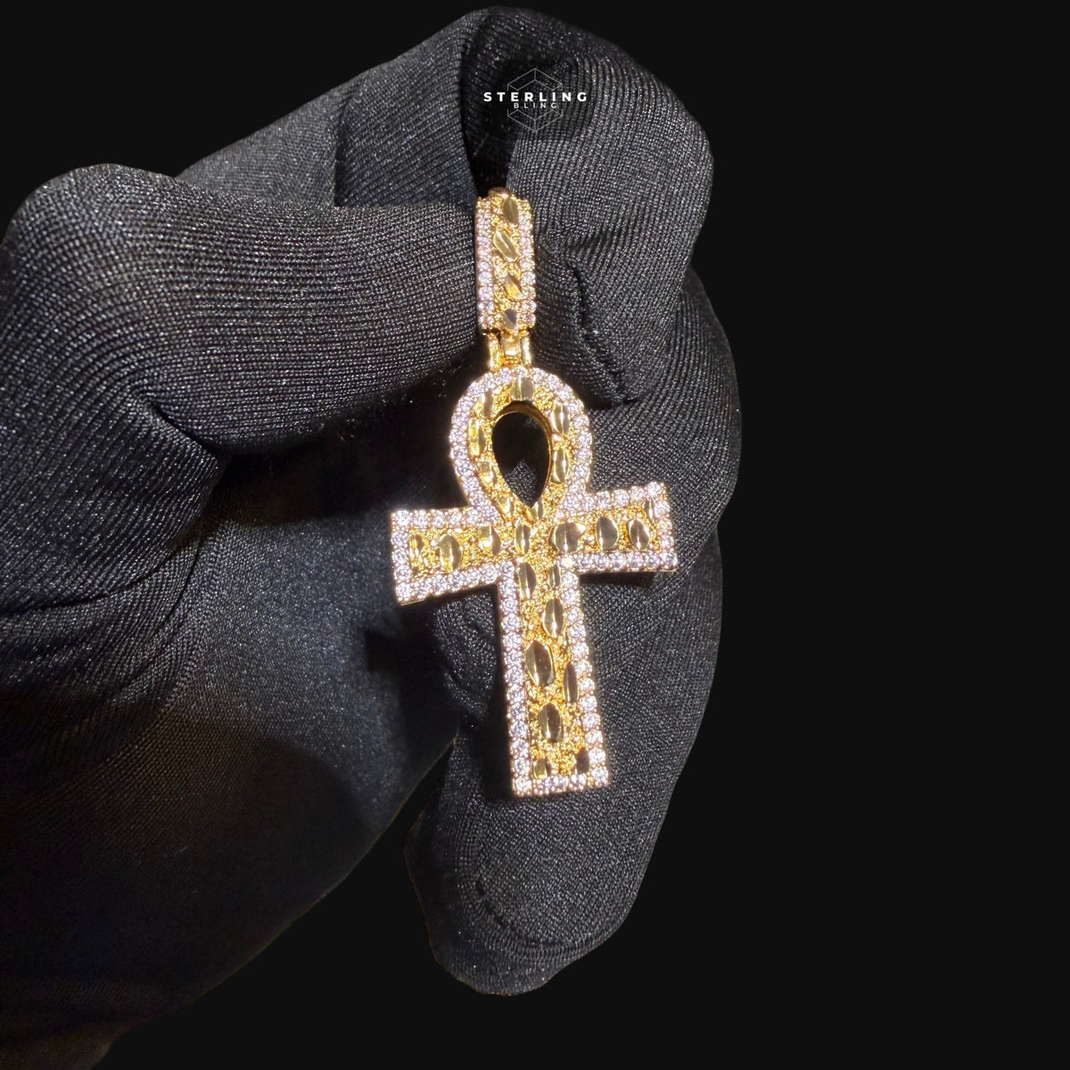 Iced Out Gold Nugget Ankh Pendant