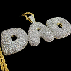 Iced Out DAD Pendant, 14K Gold Plated CZ Dad Necklace, Father’s Day Gift for Him, Hip Hop Jewelry with Rope Chain