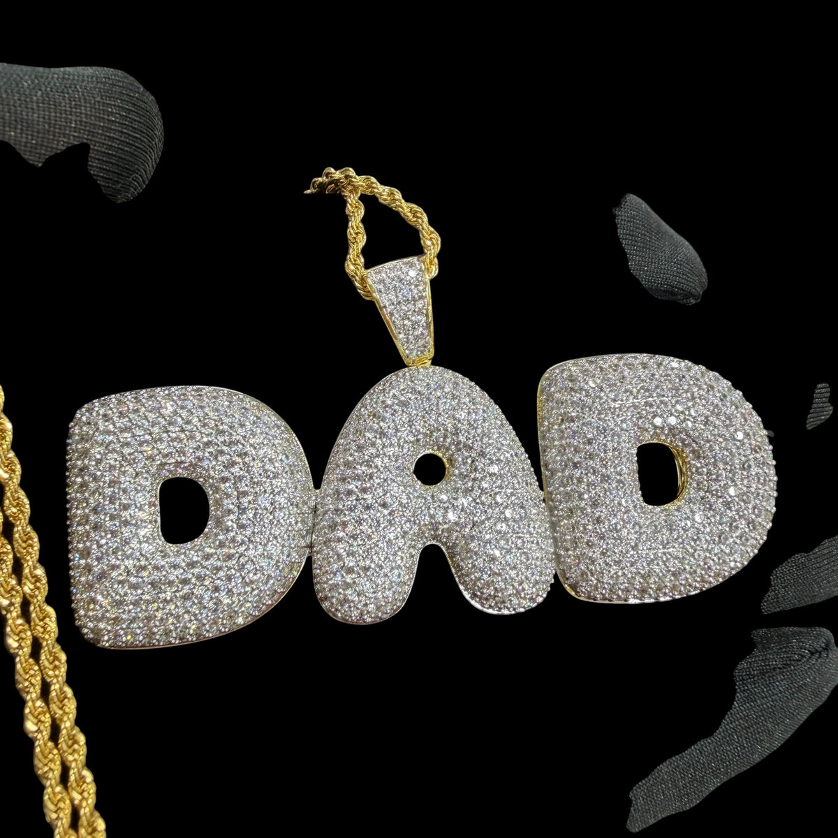 Iced Out DAD Pendant, 14K Gold Plated CZ Dad Necklace, Father’s Day Gift for Him, Hip Hop Jewelry with Rope Chain