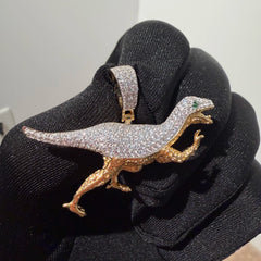 Gold Iced Out Dinosaur Pendant, Green Eye CZ Diamond Necklace, Solid 925 Sterling Silver Hip Hop Jewelry, 22 Inch Rope Chain