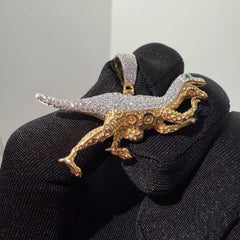 Gold Iced Out Dinosaur Pendant, Green Eye CZ Diamond Necklace, Solid 925 Sterling Silver Hip Hop Jewelry, 22 Inch Rope Chain