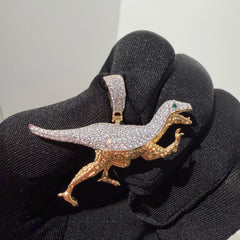 Gold Iced Out Dinosaur Pendant, Green Eye CZ Diamond Necklace, Solid 925 Sterling Silver Hip Hop Jewelry, 22 Inch Rope Chain