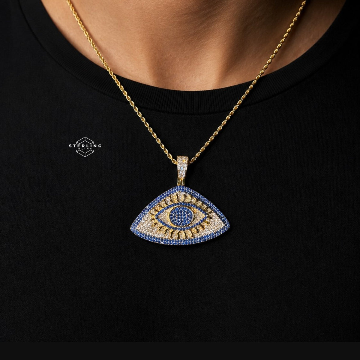 14K Gold Plated Iced Out Evil Eye Pendant | Blue CZ Diamond Eye Necklace | Hip Hop Protection Jewelry