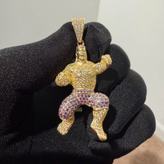Gold Iced Out Muscular Fighter Pendant, Solid 925 Sterling Silver VVS Simulated CZ Diamond Necklace, Purple CZ Hip Hop Jewelry, 22 Inch Rope Chain