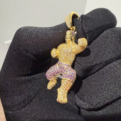 Gold Iced Out Muscular Fighter Pendant, Solid 925 Sterling Silver VVS Simulated CZ Diamond Necklace, Purple CZ Hip Hop Jewelry, 22 Inch Rope Chain