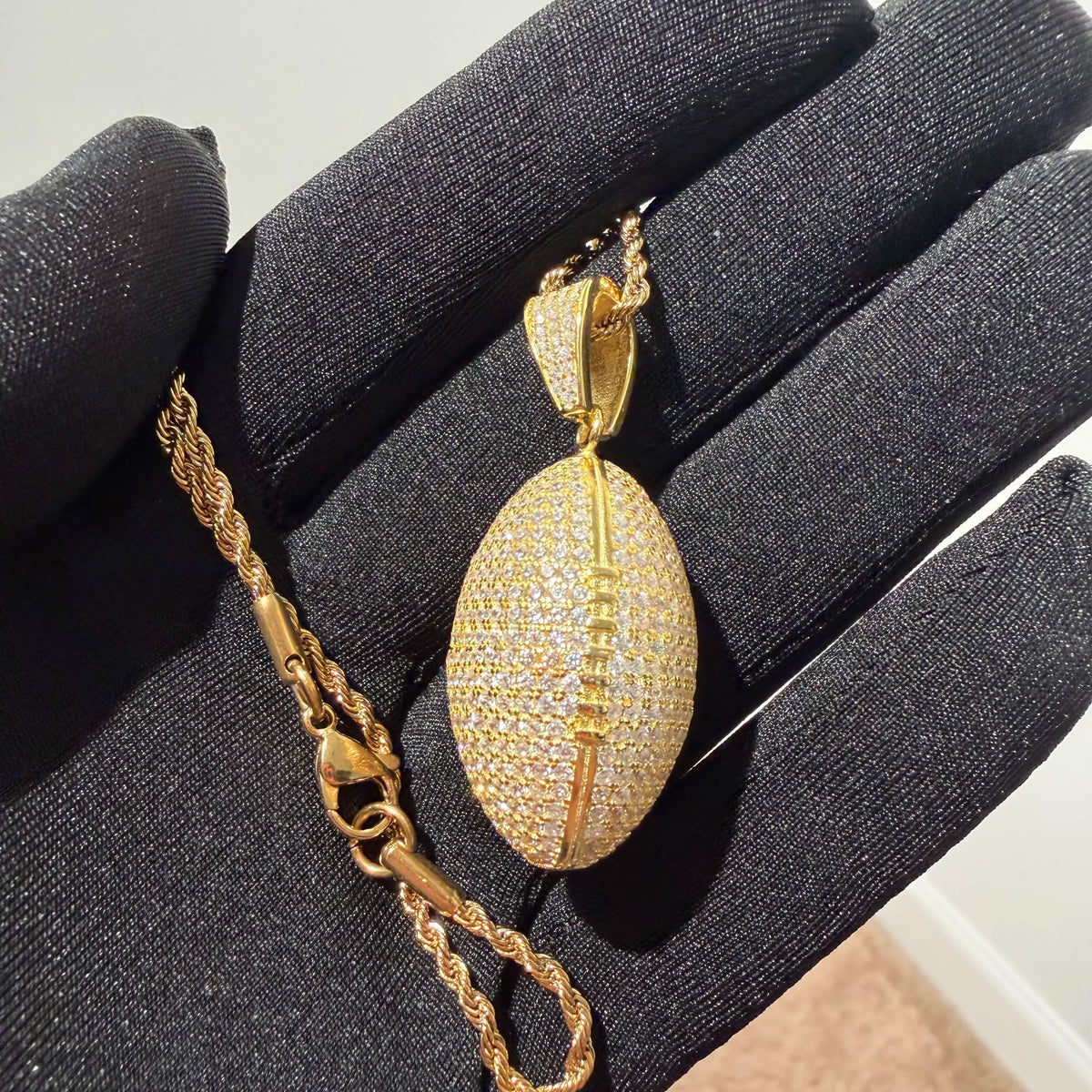 Gold Iced Out Football Pendant, Solid 925 Sterling Silver VVS CZ Diamond Necklace, Sports Jewelry, 22 Inch Rope Chain