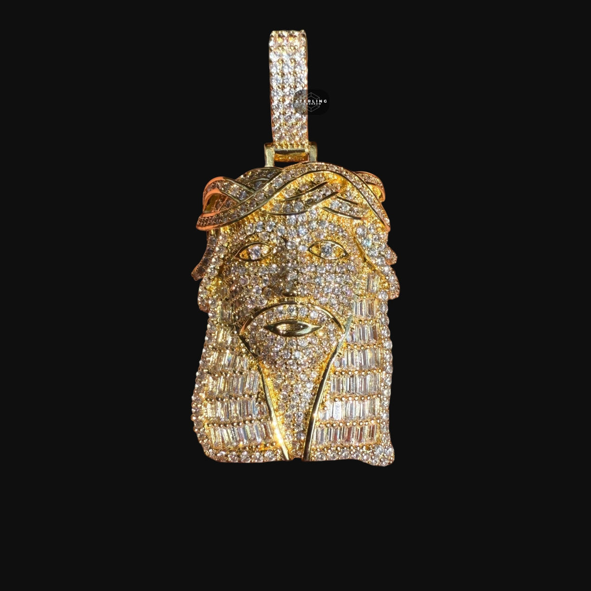Jesus with Thorns Baguette Iced Out Pendant Gold Tone