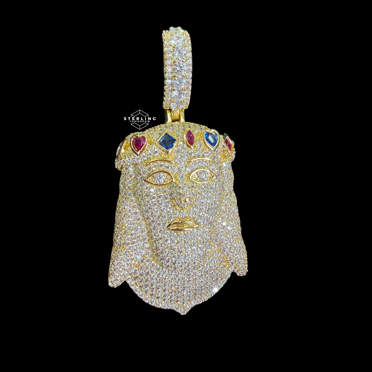 Gold Iced Out Jesus Pendant, Colorful Crown CZ Diamond Jesus Face Necklace