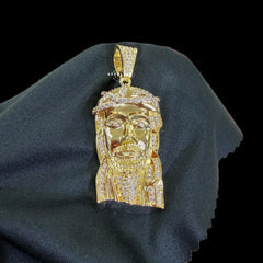 Gold Iced Out Jesus Pendant, 14K Gold Plated CZ Diamond Jesus Face Necklace, Mens Christian Hip Hop Jewelry, Religious Pendant