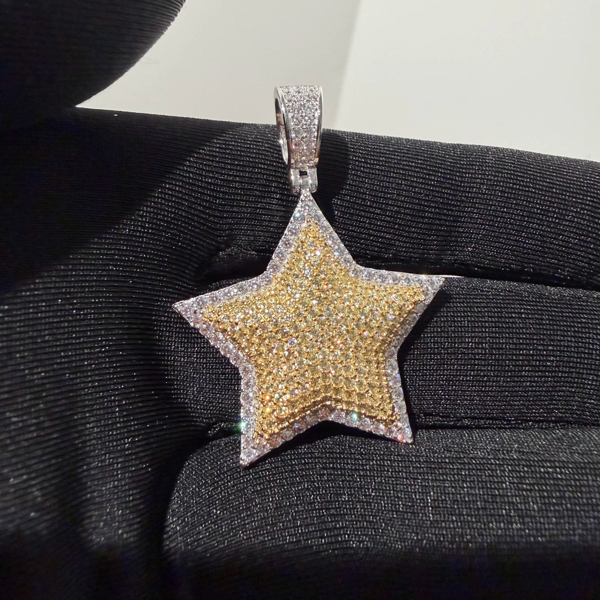 Gold Iced Out Star Pendant, Solid 925 Sterling Silver VVS Simulated CZ Diamond Necklace, Hip Hop Jewelry, 22 Inch Rope Chain