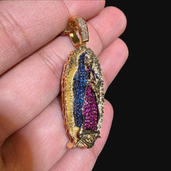 Small Gold Virgin Mary Purple and Blue CZ Pendant