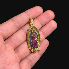 Small Gold Virgin Mary Purple and Blue CZ Pendant