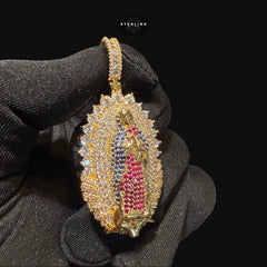 Gold Ruby Blue Iced Out Virgin Mary Pendant