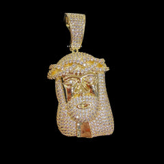 Gold Iced Out Jesus Pendant, 14K Gold Plated CZ Diamond Jesus Face Necklace, Crown of Thorns Christian Hip Hop Jewelry for Men