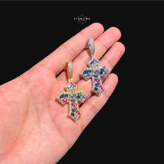 Multicolor Iced Out Cross Pendant - 14k Gold Plated