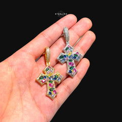 Multicolor Iced Out Cross Pendant - 14k Gold Plated