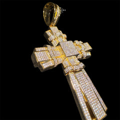 X Large Gold Cross Iced Out Detail Pendant