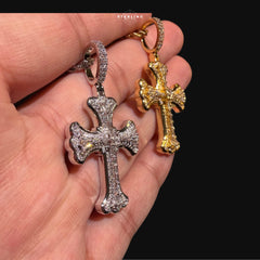 Iced Out Gothic Flared Cross Pendant 14k Gold Plated CZ
