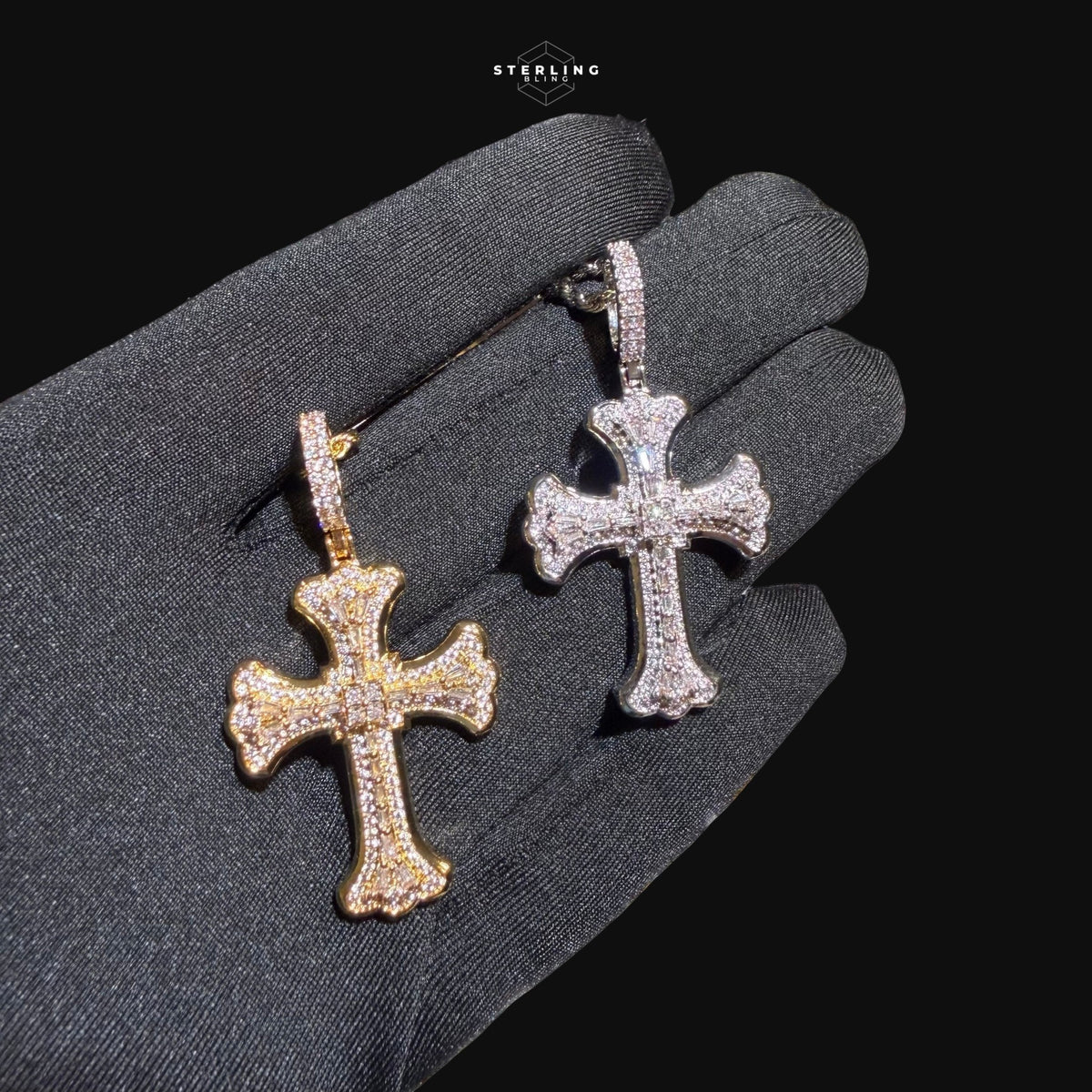 Iced Out Gothic Flared Cross Pendant 14k Gold Plated CZ