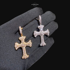 Iced Out Gothic Flared Cross Pendant 14k Gold Plated CZ