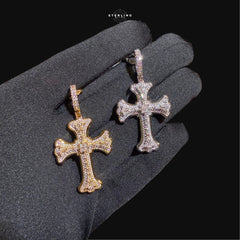 Iced Out Gothic Flared Cross Pendant 14k Gold Plated CZ