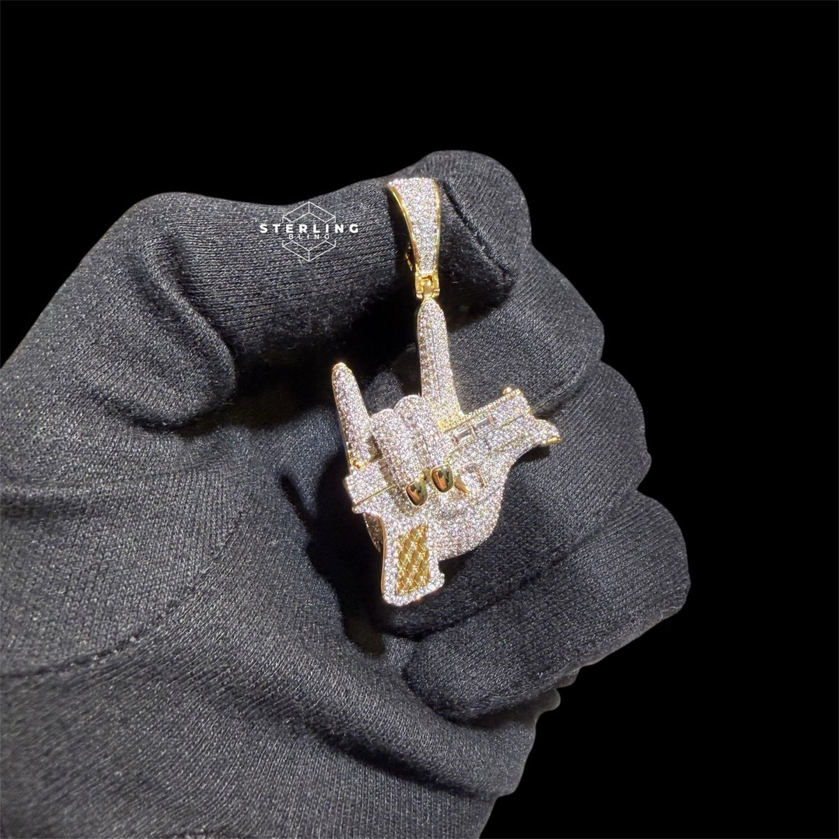 Iced Out Hand Gun Pendant Necklace, Finger Gun Charm, Gold CZ Statement Pendant, Hip Hop Jewelry