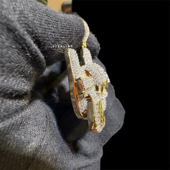 Iced Out Hand Gun Pendant Necklace, Finger Gun Charm, Gold CZ Statement Pendant, Hip Hop Jewelry