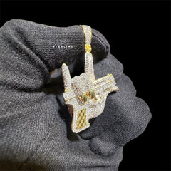 Iced Out Hand Gun Pendant Necklace, Finger Gun Charm, Gold CZ Statement Pendant, Hip Hop Jewelry