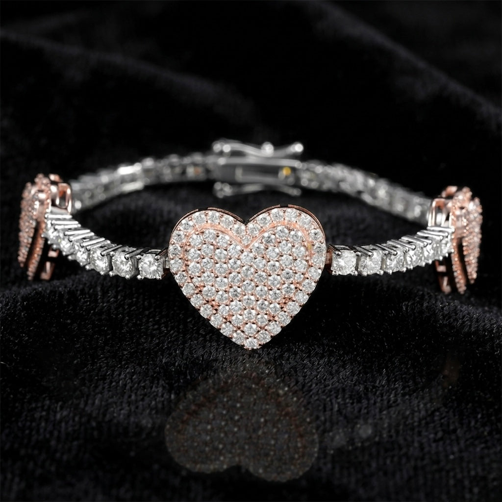 Moissanite Heart Bracelet 925 Sterling Silver Two Tone Rose Gold Iced Out Tennis Link Bracelet for Women 7” Hypoallergenic Diamond Tester Pass Luxury Gift