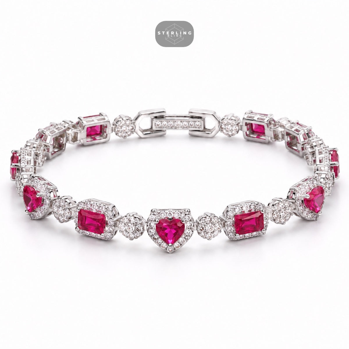 Pink Heart Emerald Bracelet, 14K White Gold Plated Flower Honeycomb CZ Bracelet, 7mm Iced Out Gift