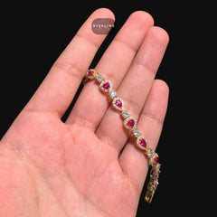 Pink Heart Tennis Bracelet, Gold Iced Out Diamond Bracelet, Pink Solitaire Heart Jewelry, Gift for Her