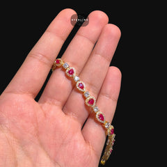 Pink Heart Tennis Bracelet, Gold Iced Out Diamond Bracelet, Pink Solitaire Heart Jewelry, Gift for Her